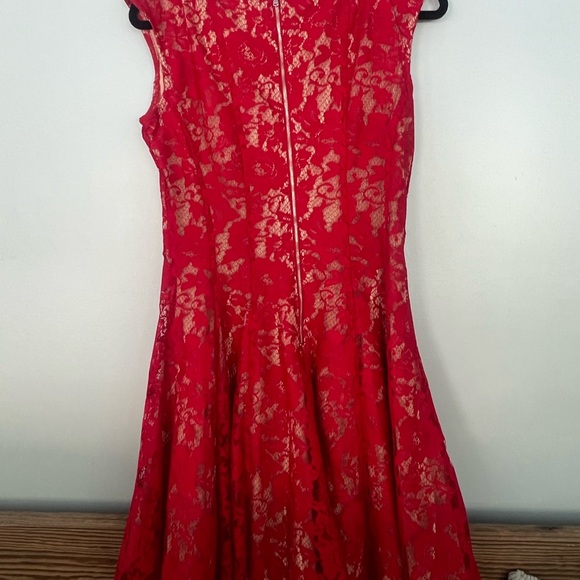 Julian Taylor Red Sleeveless Fit and Flare Lace Overlay Dress - Picture 2 of 10